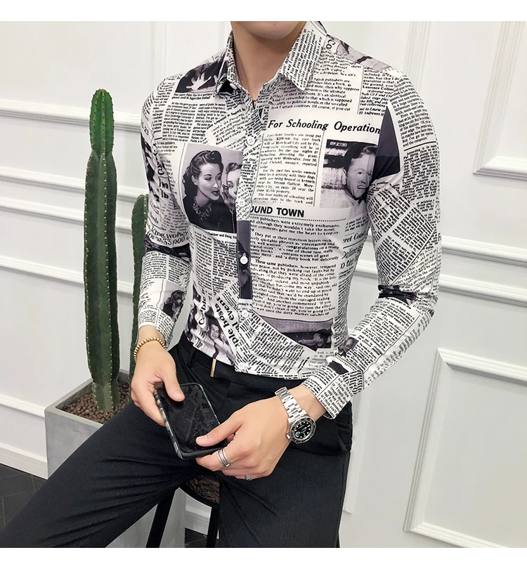 Дизайнерская рубашка с узором, рубашка для газет, Camisa Social Masculina, стильная рубашка для мужчин, вечерние, Клубные, уникальная рубашка, приталенная, 5xl