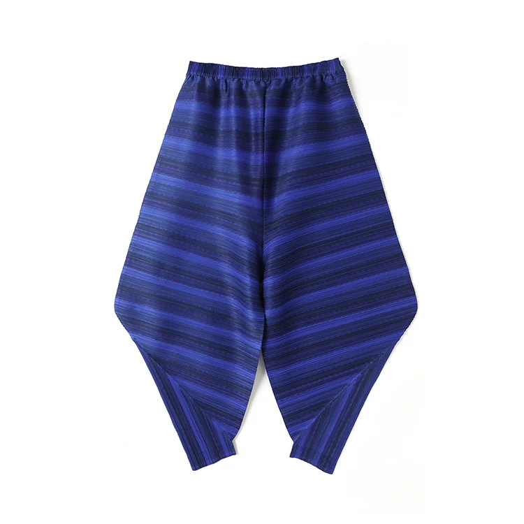 Blue Changpleat новые женские полосатые штаны с принтом Miyak плиссированные Модные свободные эластичные талии Большие размеры женские шаровары Tide P65 - Цвет: Blue