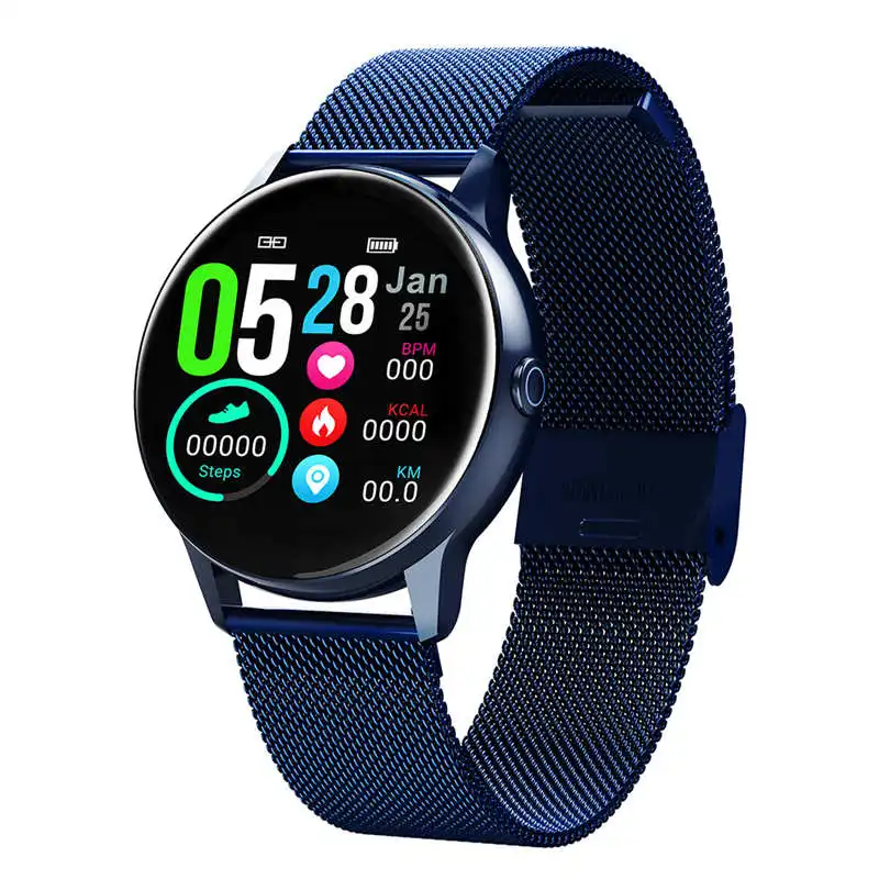 Blue Metal Strap Фитнес-трекер Bluetooth Смарт-часы сердечного ритма Монитор артериального давления Водонепроницаемый Смарт Браслет Шагомер для Android IOS - Цвет: Blue Metal Strap
