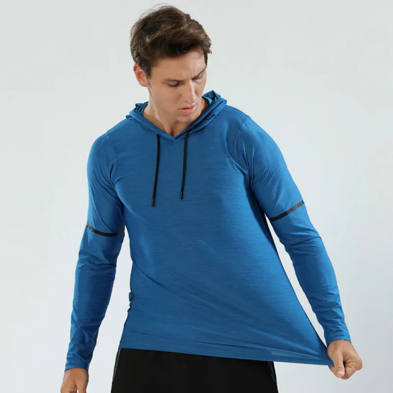 

Mens Spring Autumn Running Shirt Male Sport Training Tops High Elastic Gym Fitness Long Sleeved Hooded Shirts Sportswear