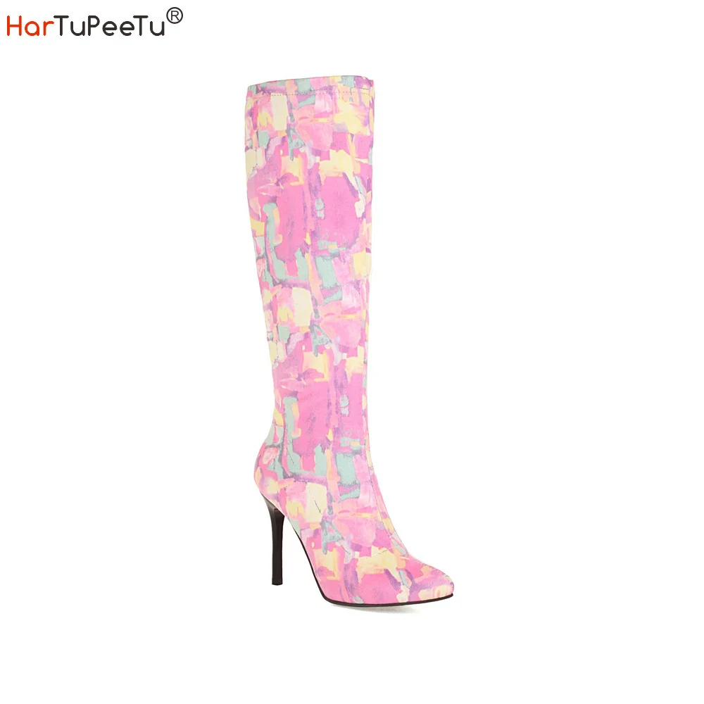 Flock Pink Knee High Boots Women Autumn Winter 2022 Sexy Club Stiletto Hand-Painted Color Lump Zip Female Plus Size 48 Shoes