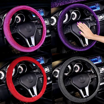 

Luxury Diamond Rhinestone Leather Auto Steering Wheel Cover General Anti-slip D shape Crystal Car Steering Cover for Girls Women