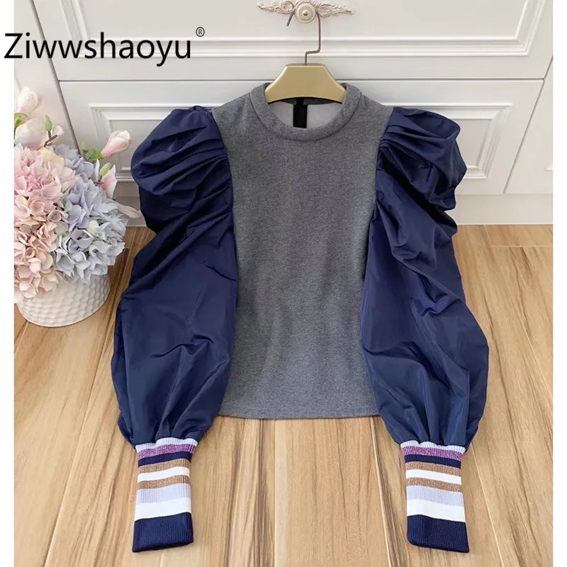 

Ziwwshaoyu Designer Brand Autumn Winter Sweatshirt Pullovers Women Fashion Color Matching Puff Sleeve Casual Thick Sweatshirt