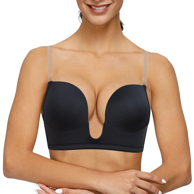 Womens Low Plunge Push Up Bra with Clear Straps Low Cut Convertible  Underwire Padded Cleavage Bra 