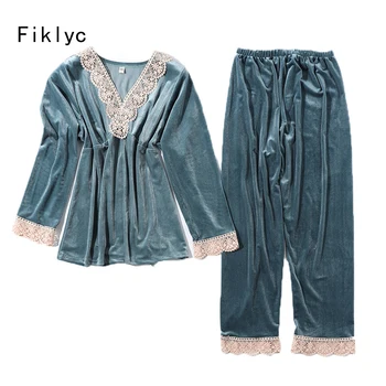 

Fiklyc underwear velvet female winter warm style pajamas sets 2-pieces lace pyjamas sets V-neck nightwear femme pijamas sets