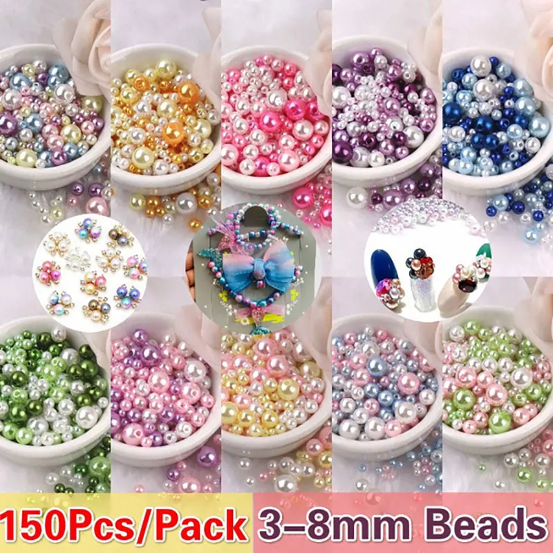 150Pcs/Pack Colorful Imitation Pearls Beads imitation pearl beads Mix Size 3/4/5/6/8mm Loose Spacer Round Beads With Hole For Craft DIY Jewelry Making