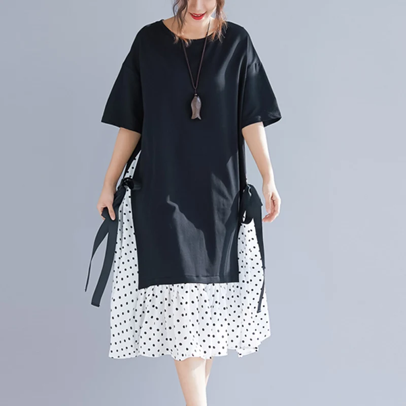 Spring and summer new fashion Loose dress women Casual Short sleeve Dot dress black Cotton and Linen O-Neck dress women