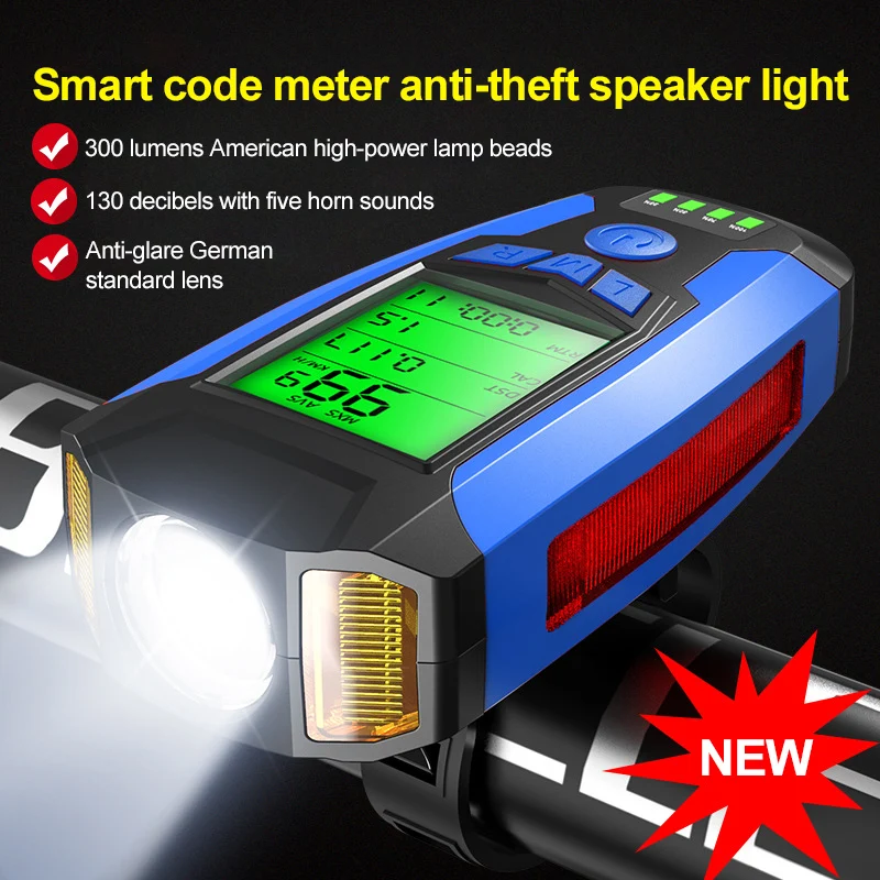 Bicycle Light Riding Flashlight Strong Light Headlight USB Charging With Horn Stopwatch Night Riding Mountain Bike Light Warnin