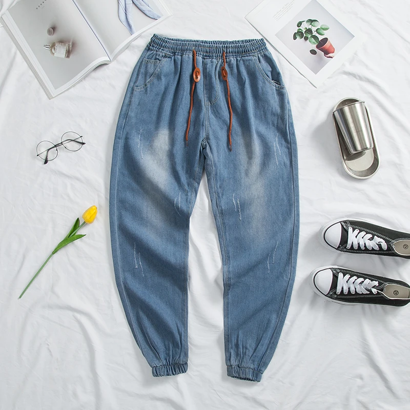 Black Friday Drawstring Jeans Men's Fashion Washed Retro Casual Ripped Jean Pants Men Streetwear Loose Hip Hop Denim Trousers Mens M-5XL