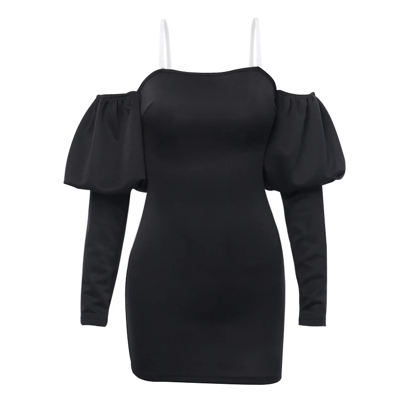 InstaHot черное сексуальное элегантное платье с рукавами-фонариками, женское осеннее повседневное мини-платье с открытыми плечами, Дамское модное платье на бретельках