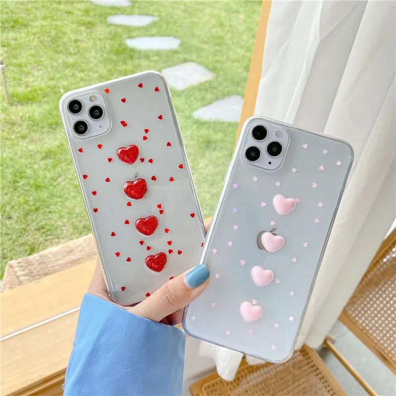 

Epoxy 3D love heart Phone Case For iphone 7 8 Plus SE2020 X XR XS Max 11 Pro Max Transparent Soft TPU Silicon Back Cover Capa