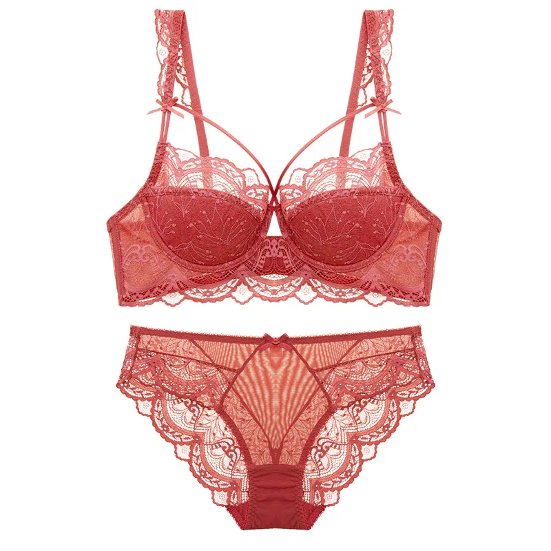 lace bra set Ultra-thin underwear set new T-shirt push-up bra and panties hollow bra plus size sexy bra lace underwear set ABCDE cup 95C 95D lace bra and panty sets Bra & Brief Sets