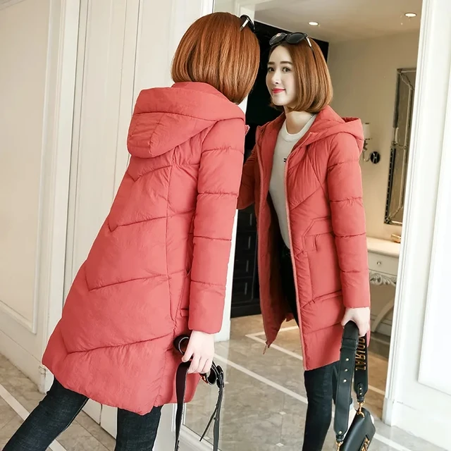 Winter Hooded Thick Warm Jacket Women Casual Cotton Padded Mid Length Coats Korean Snow Wear Overcoats Solid Parka Outwears New brick red
