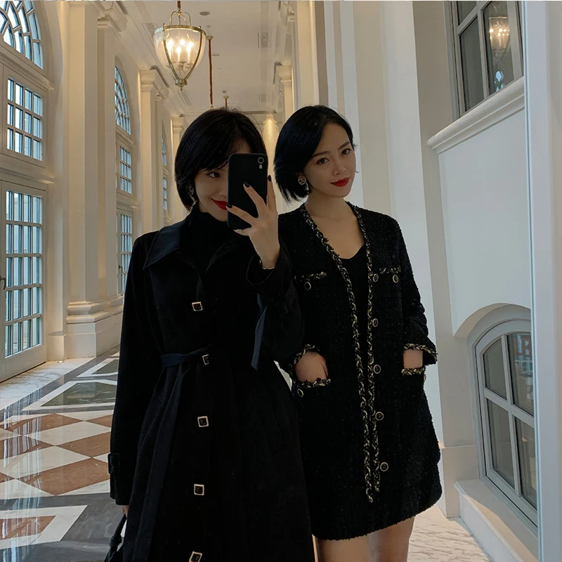 Designer custom French elegance, slim single-breasted long knee-length trench coat Four-color wild windbreaker women - Цвет: Black