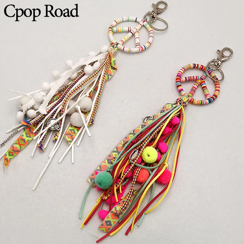 

Cpop Boho Handmade Tassel Key Chain Colorful Pompom Soft Pottery Peace Pendant Ethnic Keychain Jewelry Gift for Friend Hot Sale