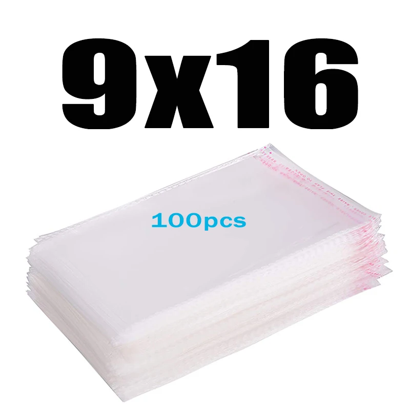 9x16CM 100pcs Прозрачная Самоклеящаяся целлофановая сумка, плотная прозрачная посылка для одежды, сумка для хранения, самозапечатывающаяся полиэтиленовая полипропиленовая сумка - Цвет: 9x16CM 100pcs