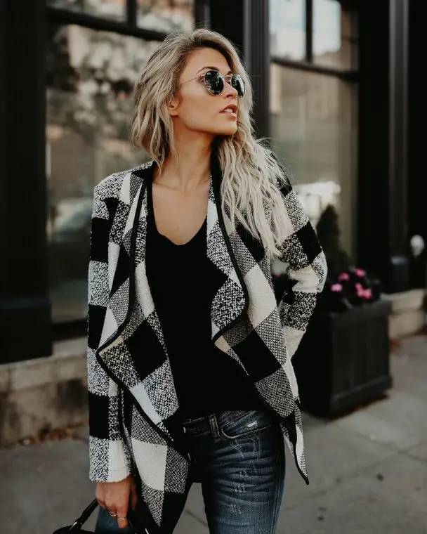 

Fashion Women Ladies Stylish Plaid Long Sleeve Casual Open Jumper Lapel Neck Lattice Cardigan Waterfall Jacket Coat Outwear Tops