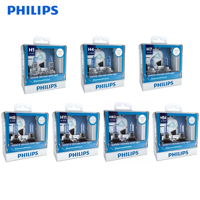 Philips Diamond Vision H1 H4 H7 H8 H11 9005 9006 HB3 HB4 12V DV 5000K холодный белый светодиодный светильник автомобильные галогенные лампы головного светильник противотуманная фара, 2X