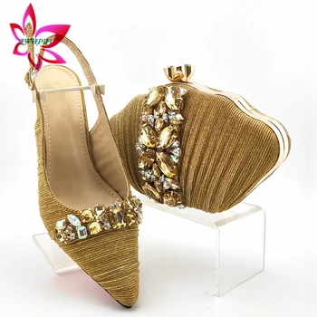 

Golden Color Nigerian Women Shoes and Bag Set High Quality Pointed Toe Sandals with Shinning Crystal for Wedding Party