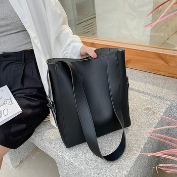 

Casual Wide Strap Bucket Designer Women Shoulder Bags Luxury Pu Crossbody Bag Large Capacity Messenger Bag Simply Purses Sac
