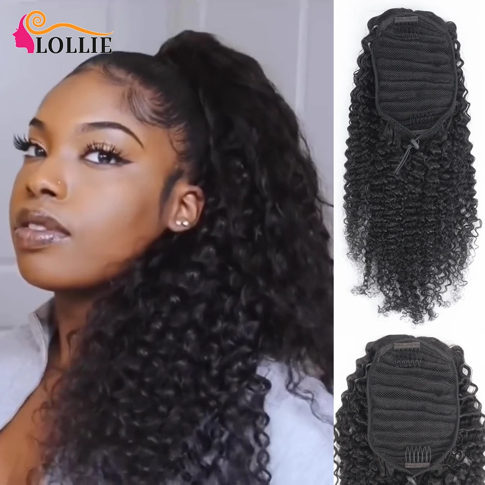 

Kinky Curly Human Hair Ponytail Clips In For Women Wrap Around Drawstring Brazilian Remy Hair Clip In Extension Natural Black