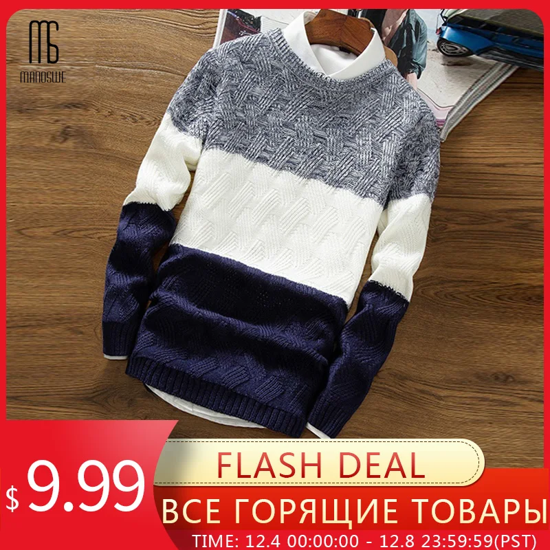 

Manoswe Casual Long Sleeve Autumn Winter Sweater Men Korean Style Slim Knitted Blue Sweater Pullover Jumper Fashion Christmas