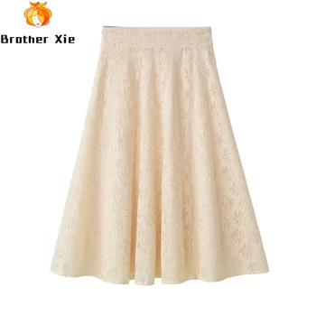 

Lace Vintage 2020 Crochet High Waist Women Summer Lace Skirts Saia Women A-Line Pleated Skirt Faldas Jupe Femme