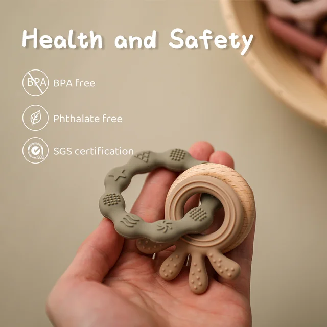1pc Baby Teether Silicone Bracelet BPA Free  Cute Animal Silicone Pendant Wood Ring  Teething Rattle for Baby Accessories Toys 2