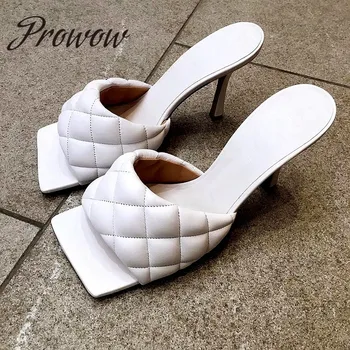 

Prowow New Genuine Leather Open Toe Spring Summer Slippers Outdoor Vacation HIgh Heel Slippers Shoes Women