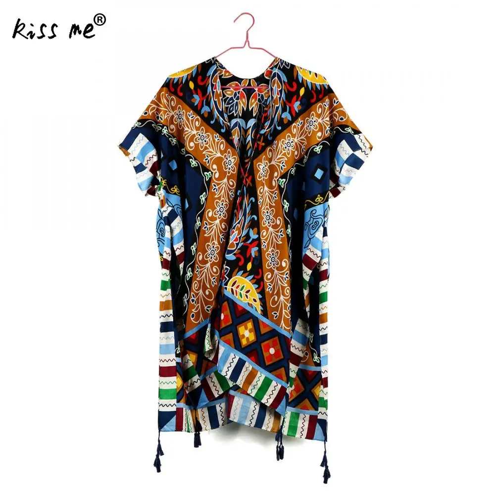 

Cotton Bohemian Folk Style Bikini Cover Up Women Beach Wear Dress Tunic Mid-Long Wrap Cardigan Female Sun Protection