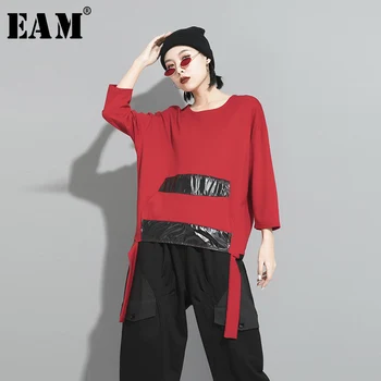 

[EAM] Women Red Contrast Color Split Big Size T-shirt New Round Neck Three Quarter Sleeve Fashion Tide Spring Autumn 2020 1S262