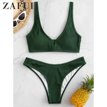 

ZAFUL Textured Ribbed Bikini Swimsuit 2020 Rib Special Fabric Strapping Waistcoat Bikini Removable Padded V Neck Two-Piece Suits