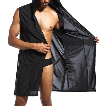 

Men Hooded Bathrobe Thin Sleeveless Cardigan Breathable Homewear with Belt FEA889