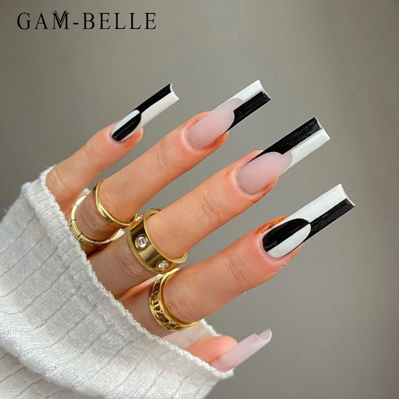 GAM-BELLE Готический Черный Белый сплайсинга поддельные ногти Экстра длинный гроб