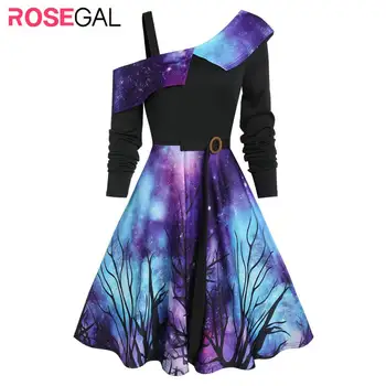 

ROSEGAL Halloween Dress Starry Sky Skew Neck Asymmetrical Dress Women Long Sleeves A-Line Vintage Elegant Dresses Party Dress