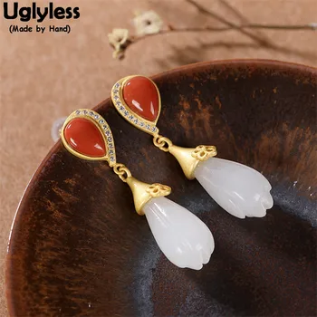 

Uglyless Elegant Women Water Drop Agate Earrings for Ladies Nature Jade Flower Buds Earrings Magnolia Brincos 925 Silver Jewelry