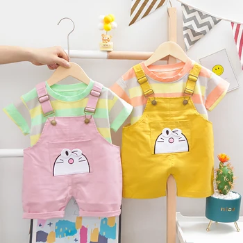 

Children Summer Cotton Baby Boys Girls Outfits Clothes Stripe Rainbow T Shirts overalls bib pants 2Pcs/sets Infant Out Kids sets