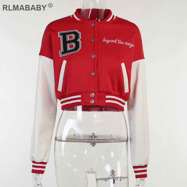 Autumn Winter Women Patchwork Color Cropped Baseball Jacket Sexy Streetwear Long Sleeve Letter Print Short Outwear Coat