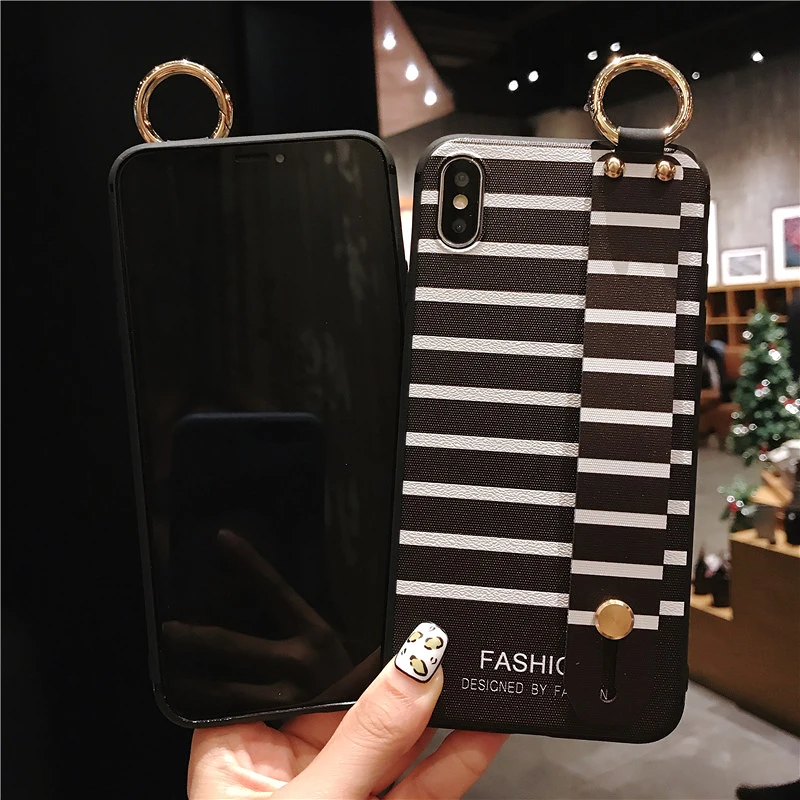 8 SoCouple Wrist Strap Phone Cases For iPhone Xs max For iPhone 7 8 6 6s Plus X XS XR Relief Stripe Pattern Soft TPU Back Cover
