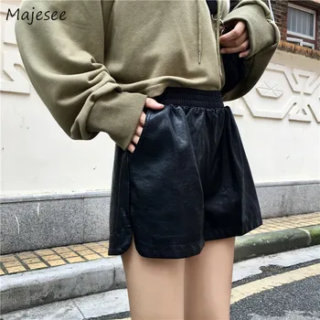 

Leather Shorts Women Black Casual Loose Slim Womens High Waist Short All Match Pockets Females Harajuku Vintage Korean Fashion