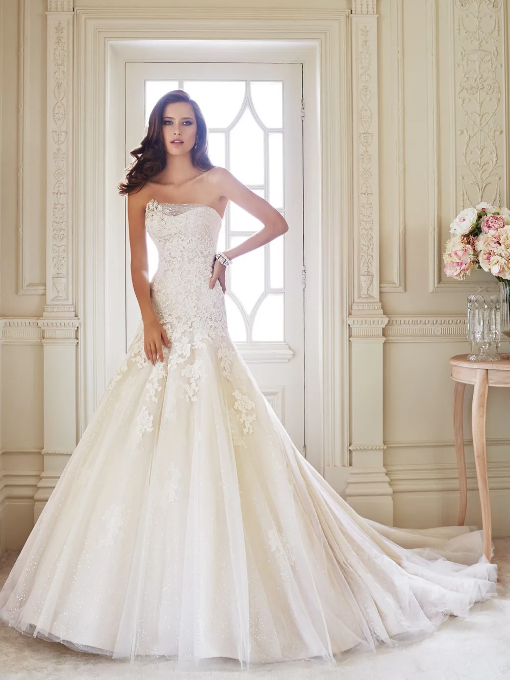 Primavera glamourosa a-querida linha mangas ata com apliques vestidos de noiva vestido de noivas dy-101