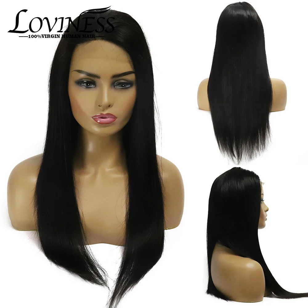 LOVINESS Long Straight Glueless Lace Front Human Hair Wig 4*4 Pre Plucked Brazilian Natural Virgin Frontal For Black Women | Шиньоны и