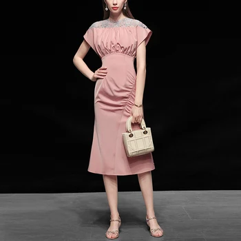 

Seifrmann Summer Fashion Runway Women Dress O-Neck Sleeveless Lace Vintage Ladies Was Thin Slim Trumpet Midi Dresses Vestoidos