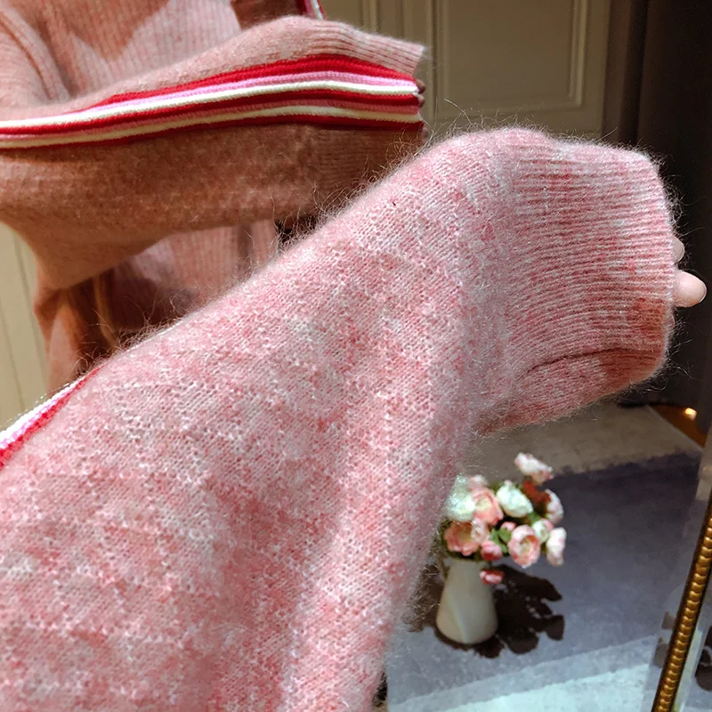 Женский свитер, осень и зима, Новая розовая рубашка с открытыми плечами, шерстяной тонкий розовый вязаный свитер