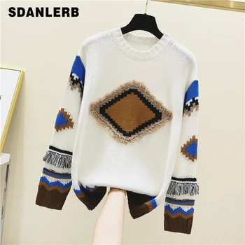 

2020 New Spring Autumn Pullover Sweater Retro Geometric Rhombus Pattern Jacquard Color Panel Fringe Sweater Outwear Coat Pull