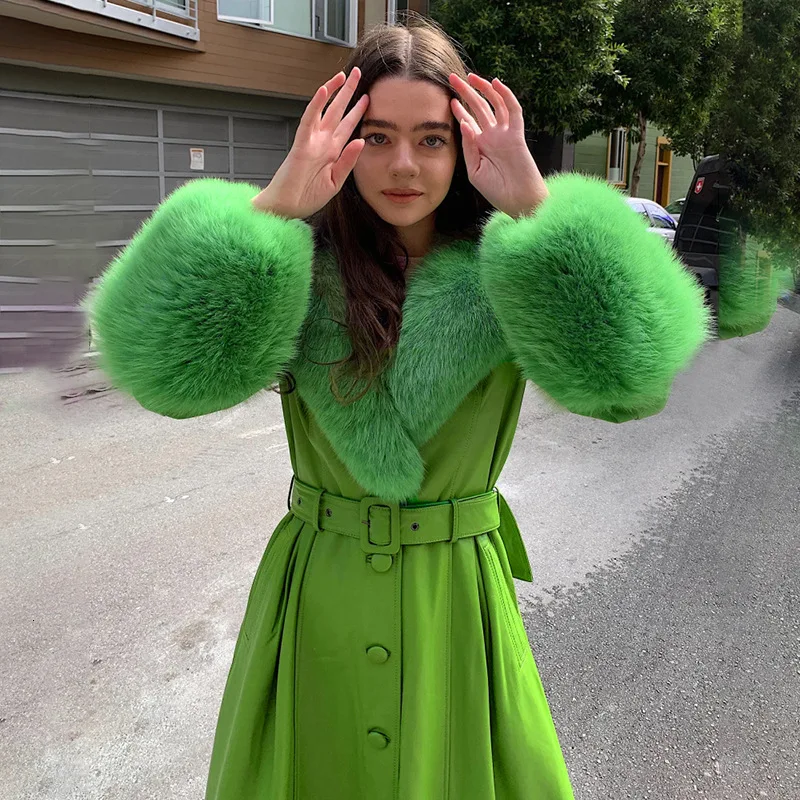 DEAT Autumn Winter Green Fur Turn Down Collar Slim PU Long Overcoat Women Leather Coat With Belt MH138