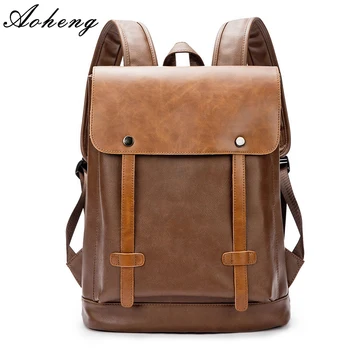 

Vintage Style Men PU Leather Backpack Mens Waterproof Backpack Male College High School Shoulder Bag Double Belt Travel Backpack