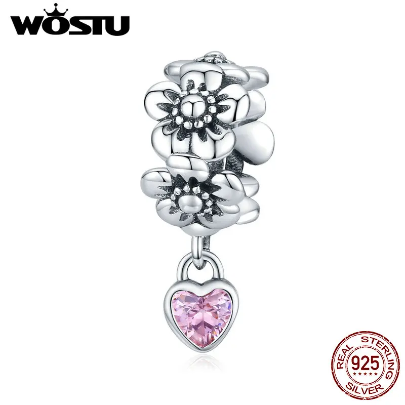 

WOSTU European 925 Sterling Silver Flower Charm Clear CZ Bead Fit Original Bracelet Pendant DIY Jewelry Making Necklace FIC1485