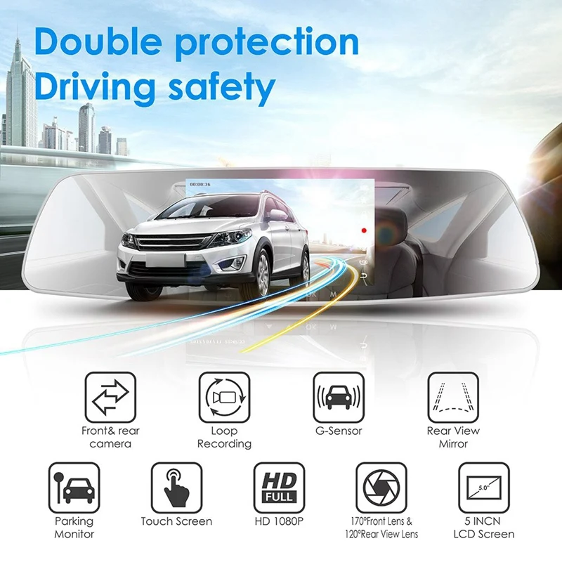 Зеркало Dash Cam 5 дюймов Ips пресс-экран, 1080P двойной объектив Dash Cam 170 градусов широкоугольная Передняя Автомобильная камера и камера заднего вида W