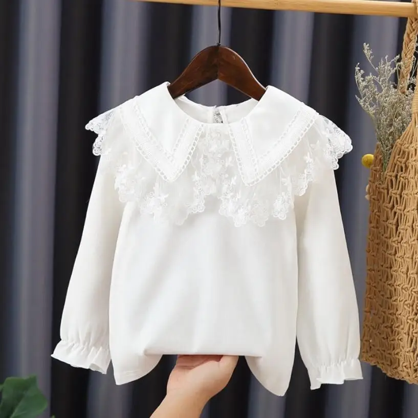 Spring Autumn Baby Toddler Princess School Girls Blouse White Long Sleeve Girl Shirt Cotton Kids Lace Tops Children Clothes
